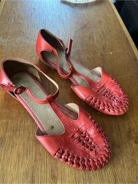 Orange Women’s Woven Leather T-Strap Flats